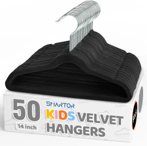 Smartor Premium 14 Inch Kids Hangers 50 Pack, Black Baby Velvet Hanger, Non Slip, Space Saving Felt Hangers Clothes Organizers for Closet with 360° Swivel Hook for Children, Toddler & Teens