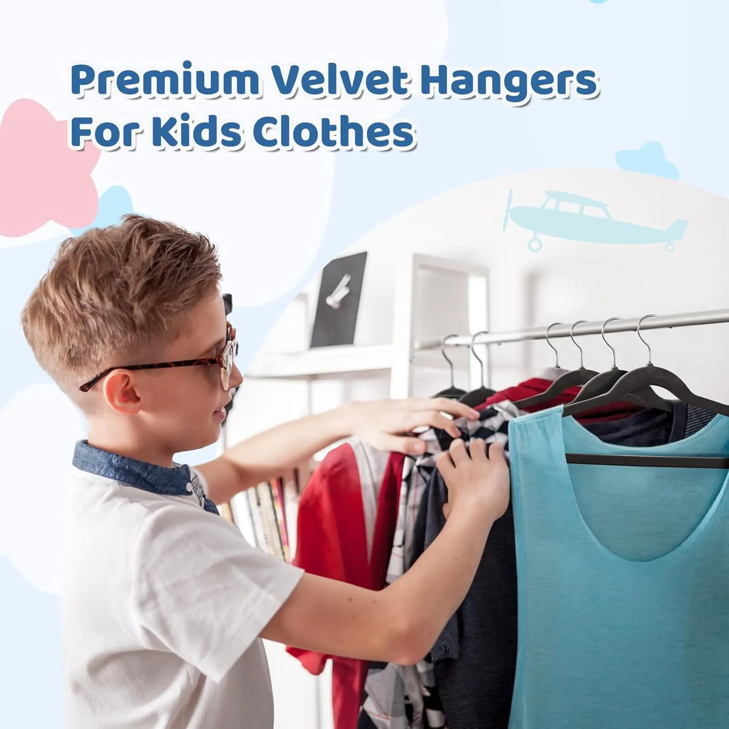 Smartor Premium 14 Inch Kids Hangers 50 Pack, Black Baby Velvet Hanger, Non Slip, Space Saving Felt Hangers Clothes Organizers for Closet with 360° Swivel Hook for Children, Toddler & Teens