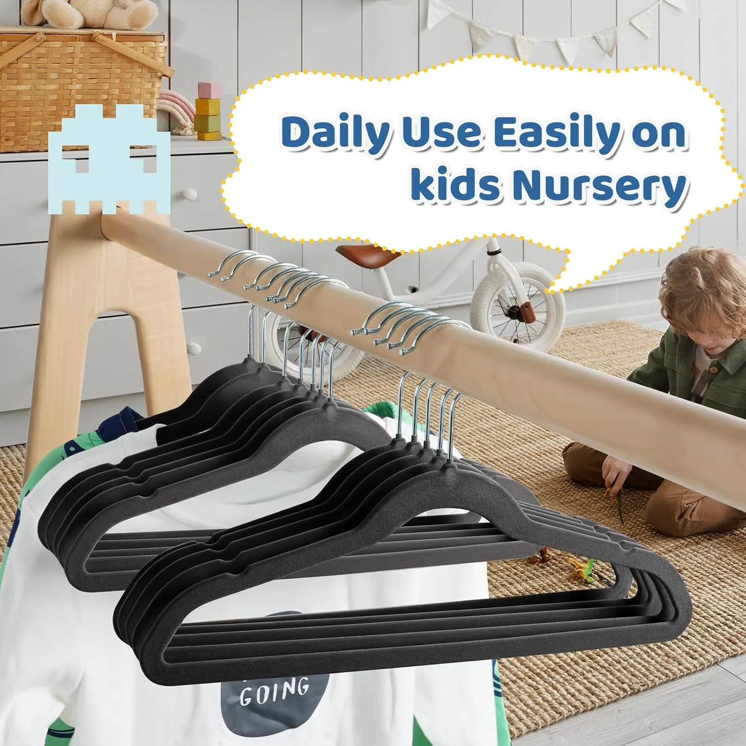 Smartor Premium 14 Inch Kids Hangers 50 Pack, Black Baby Velvet Hanger, Non Slip, Space Saving Felt Hangers Clothes Organizers for Closet with 360° Swivel Hook for Children, Toddler & Teens