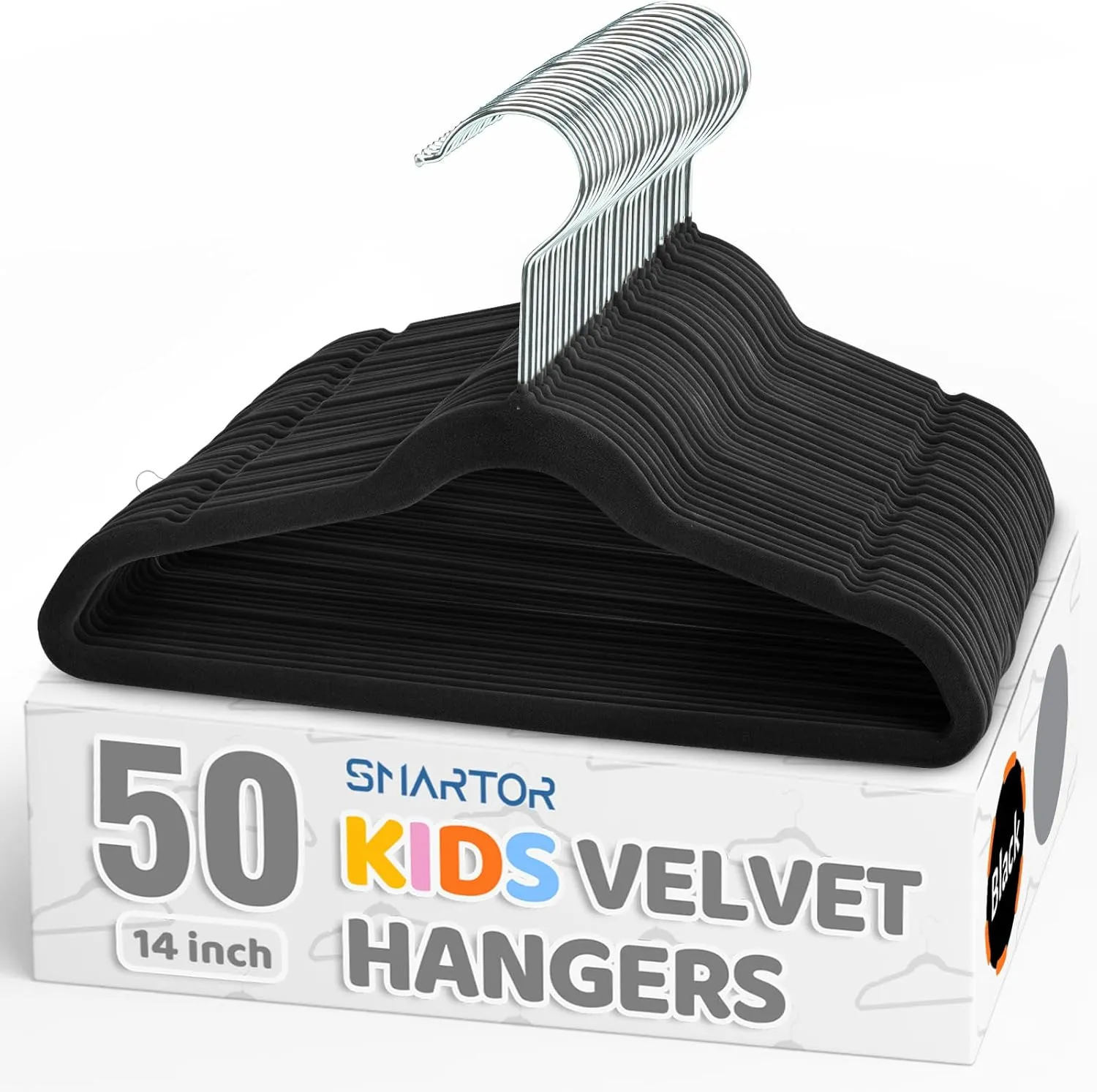 Smartor Premium 14 Inch Kids Hangers 50 Pack, Black Baby Velvet Hanger, Non Slip, Space Saving Felt Hangers Clothes Organizers for Closet with 360° Swivel Hook for Children, Toddler & Teens
