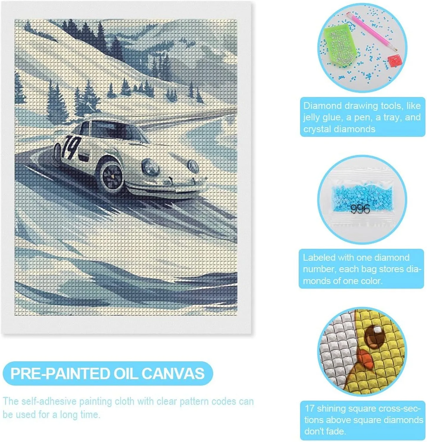 Snow Mountain Racing Car Diamond Art Painting Kits Full Drill 5D Pictures Arts Craft for Home Wall Decor for Adults DIY Gift 12"x16"