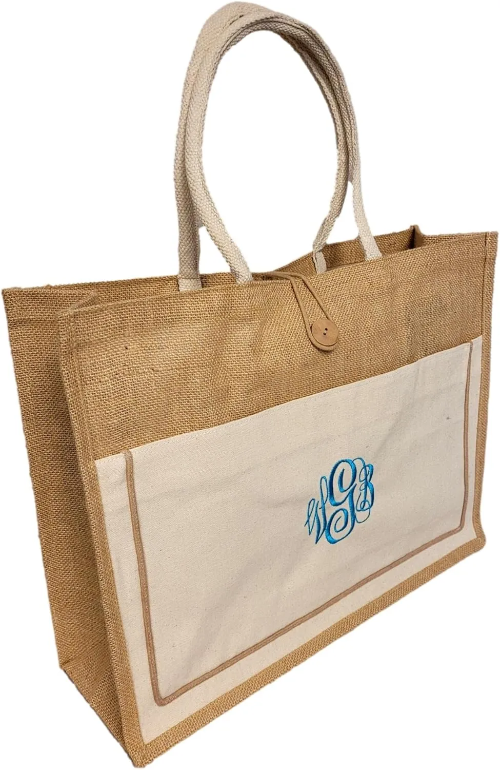 SONA G DESIGNS Personalized Embroidered Monogrammed Vintage Style Jute with Black Cotton Pocket Large Tote Shopping Bag