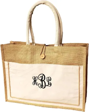 SONA G DESIGNS Personalized Embroidered Monogrammed Vintage Style Jute with Black Cotton Pocket Large Tote Shopping Bag