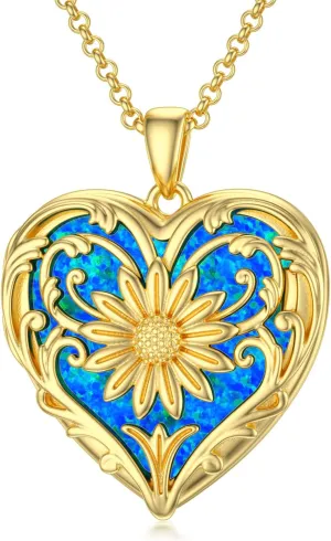 SOULMEET Sunflower Heart Shaped Opal/Abalone/Pearl Shell/Malachite Locket Necklace That Holds Pictures Photo You are My Sunshine Personalized Silver Gold Locket Jewelry Gift
