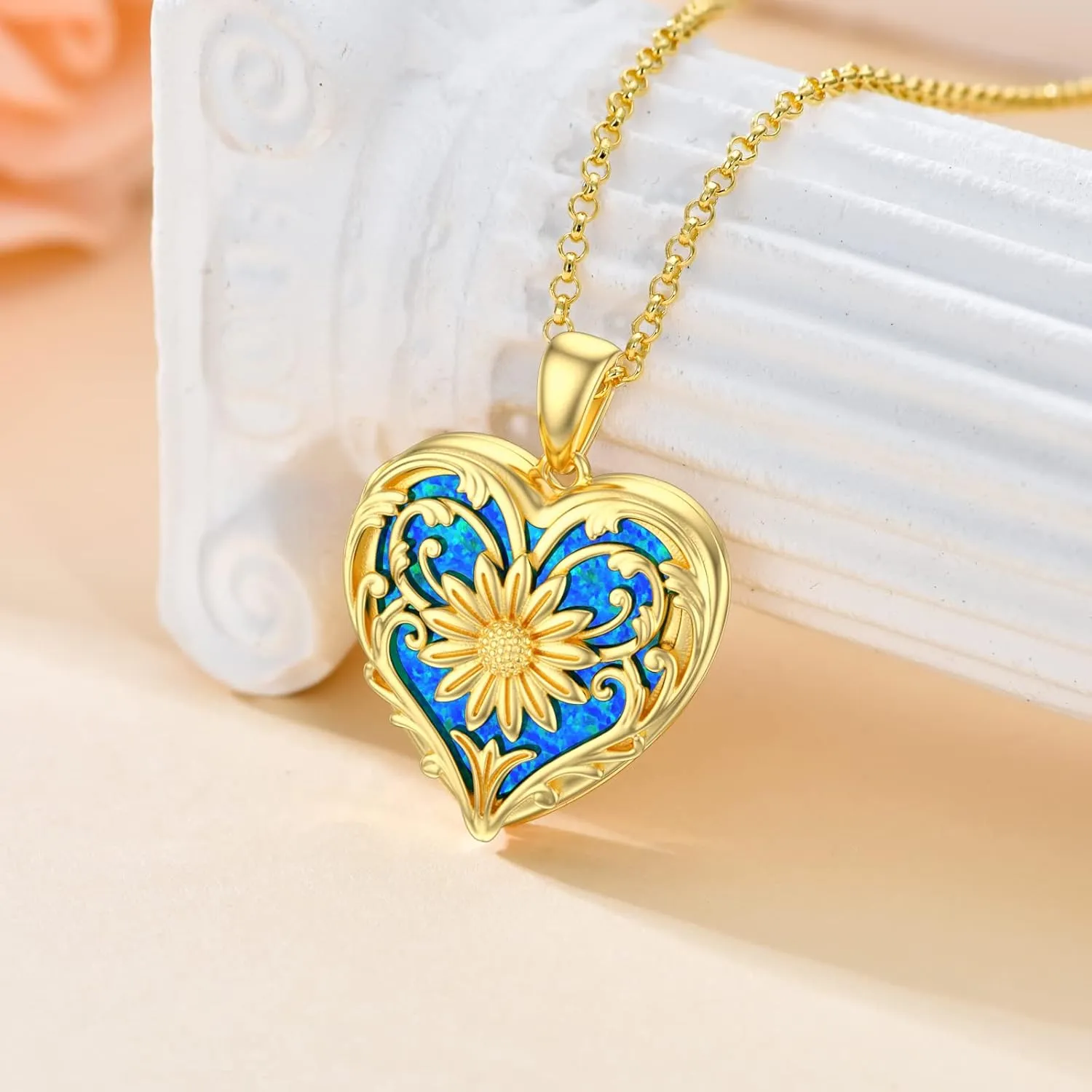 SOULMEET Sunflower Heart Shaped Opal/Abalone/Pearl Shell/Malachite Locket Necklace That Holds Pictures Photo You are My Sunshine Personalized Silver Gold Locket Jewelry Gift
