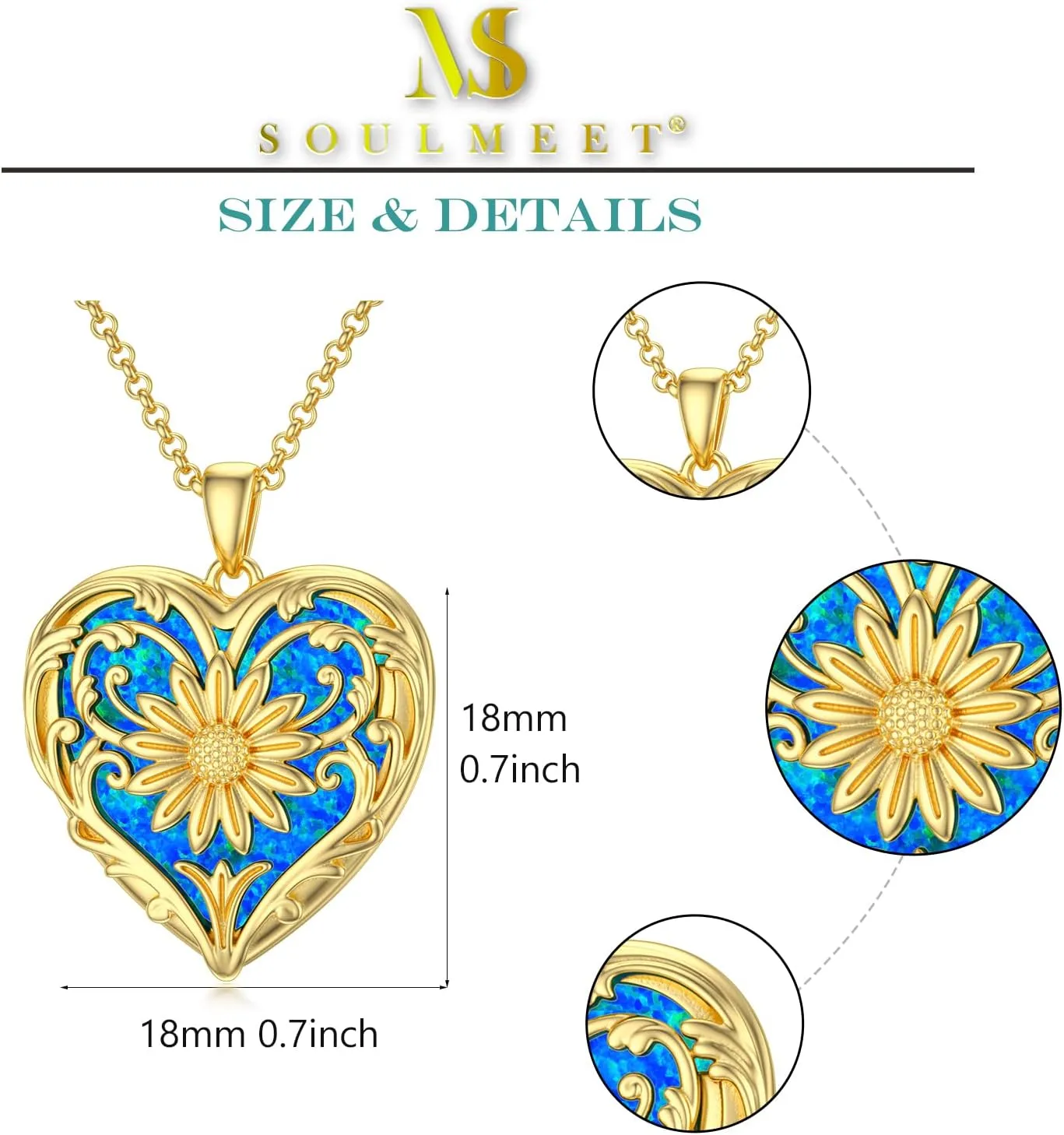 SOULMEET Sunflower Heart Shaped Opal/Abalone/Pearl Shell/Malachite Locket Necklace That Holds Pictures Photo You are My Sunshine Personalized Silver Gold Locket Jewelry Gift