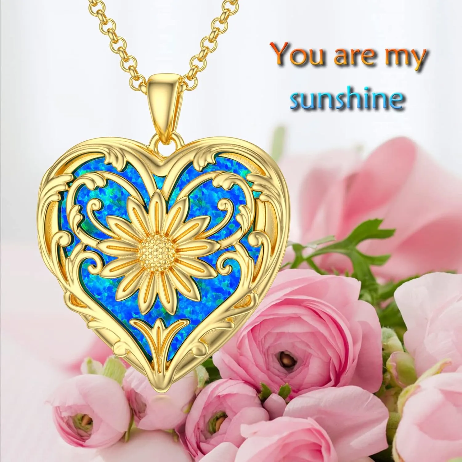 SOULMEET Sunflower Heart Shaped Opal/Abalone/Pearl Shell/Malachite Locket Necklace That Holds Pictures Photo You are My Sunshine Personalized Silver Gold Locket Jewelry Gift