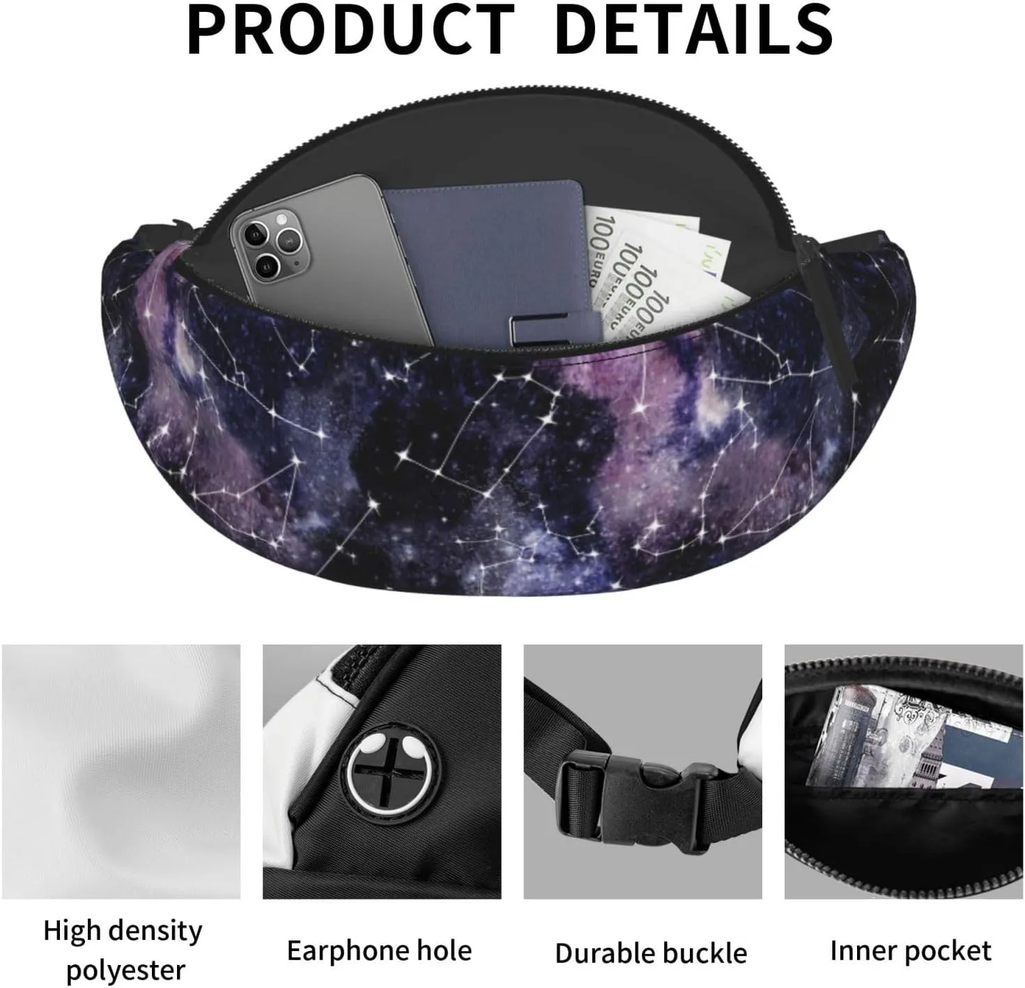 Space Star Pagan Space Black Galaxy Constellation Fashion Casual Fanny Pack Waist Bag Men Women Adjustable Belt Waist Bag For Travel Hiking Cycling Running Festival Carnival