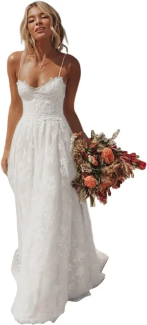 Spaghetti Strap Lace Boho Wedding Dresses for Bride Backless Beach Mermaid Bridal Gowns Bohemian Summer Dress EEM178