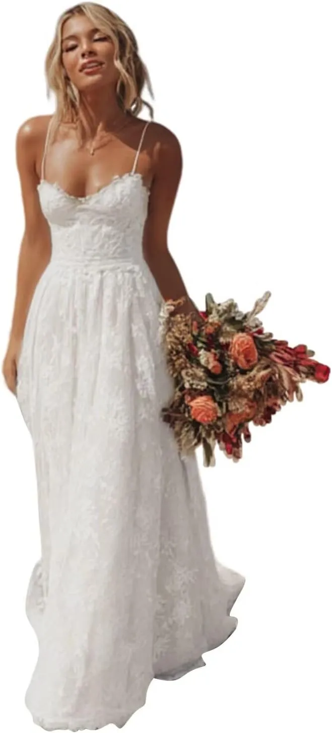 Spaghetti Strap Lace Boho Wedding Dresses for Bride Backless Beach Mermaid Bridal Gowns Bohemian Summer Dress EEM178