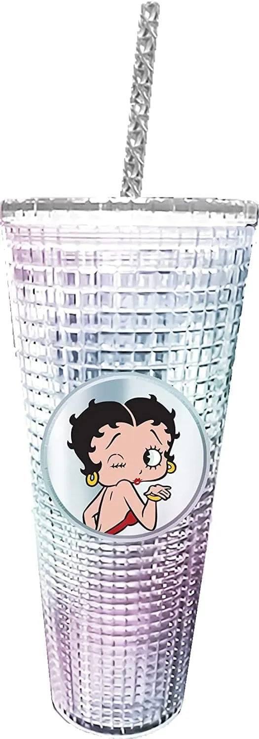 Spoontiques - Diamond Tumbler - Textured Cup with Straw - Double Wall Insulated and BPA Free - 20 oz - DC Comics - Betty Boop