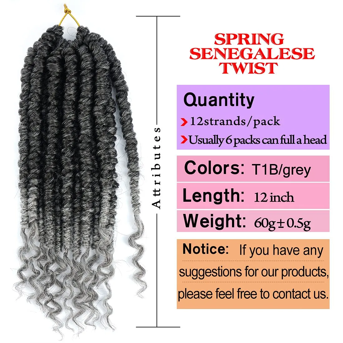 spring Senegalese Twist Crochet Braids Curl End 12 inch Synthetic Twist Grey Crochet Hair For Black Women pro looped hair extensions 6 packs T1B/GREY