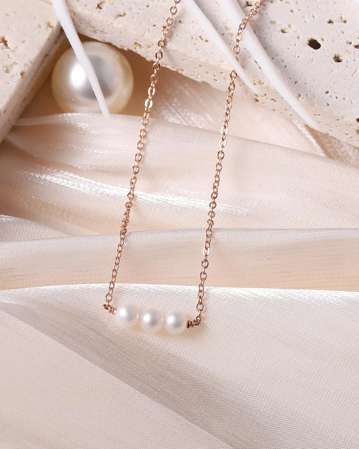 Sterling Silver Pearl Choker Necklace, Handmade with 3 Dainty Real Freshwater Pearl for Women (Rose Gold)