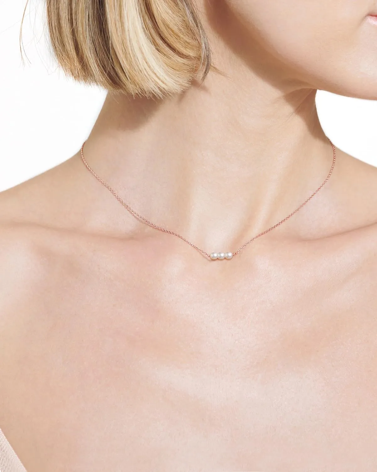 Sterling Silver Pearl Choker Necklace, Handmade with 3 Dainty Real Freshwater Pearl for Women (Rose Gold)