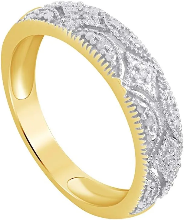 Sterling Silver Round Prong Set Moissanite, Natural Diamond And Lab Grown Diamond Accent Bridal Wedding Band Ring for her in 14K Gold Over Sterling Silver, Jewelry gift for Women