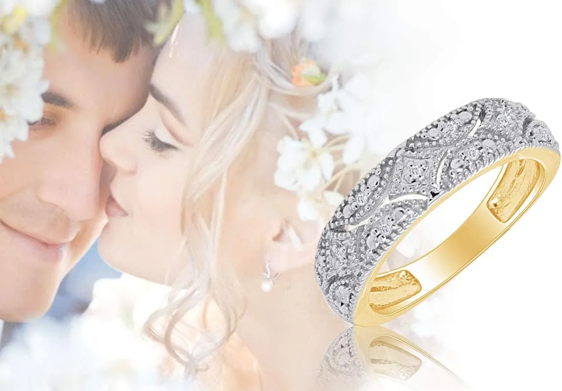 Sterling Silver Round Prong Set Moissanite, Natural Diamond And Lab Grown Diamond Accent Bridal Wedding Band Ring for her in 14K Gold Over Sterling Silver, Jewelry gift for Women