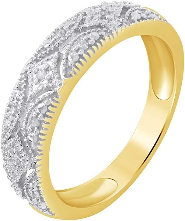 Sterling Silver Round Prong Set Moissanite, Natural Diamond And Lab Grown Diamond Accent Bridal Wedding Band Ring for her in 14K Gold Over Sterling Silver, Jewelry gift for Women