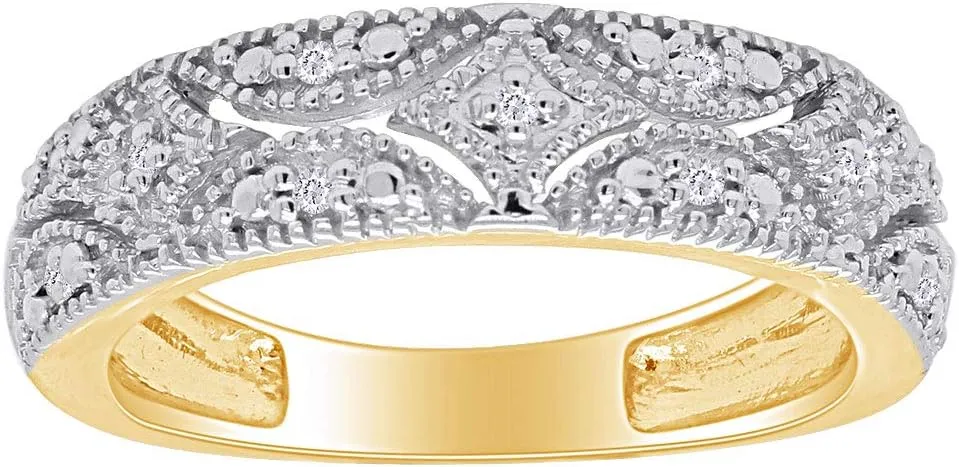 Sterling Silver Round Prong Set Moissanite, Natural Diamond And Lab Grown Diamond Accent Bridal Wedding Band Ring for her in 14K Gold Over Sterling Silver, Jewelry gift for Women
