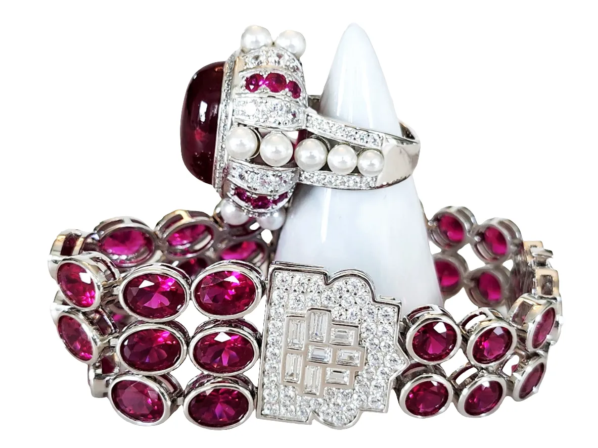 Sterling Silver Ruby and Pearl Embellished Ring and Bracelet