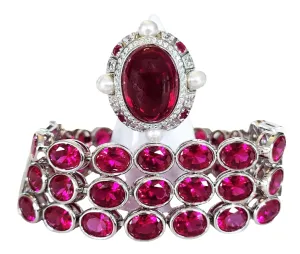 Sterling Silver Ruby and Pearl Embellished Ring and Bracelet