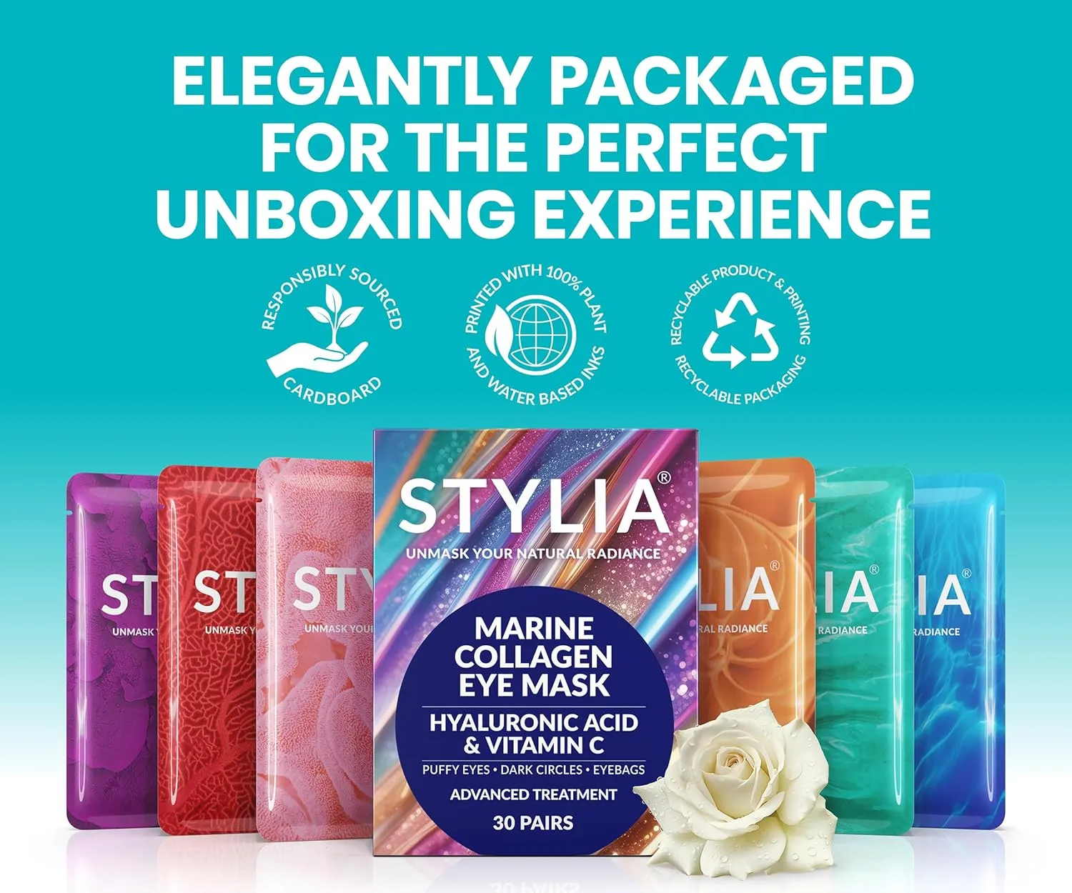 Stylia Under Eye Patches for Puffy Eyes and Dark Circles (30 Pairs) - Marine Collagen Under Eye Mask with Vitamin C, Hyaluronic Acid, Pearl Extract - Eye Masks for Dark Circles and Puffiness