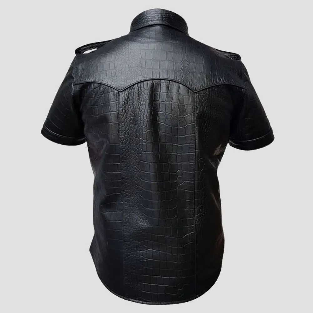 Stylish Black Crocodile Leather Police Uniform Shirt For Men