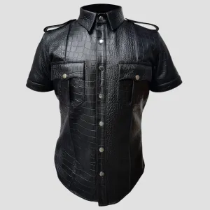 Stylish Black Crocodile Leather Police Uniform Shirt For Men