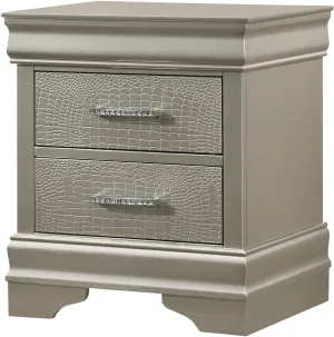 Stylish Nightstand with Crocodile Embossed Drawers and Crystal Pulls, Gray Wood Finish