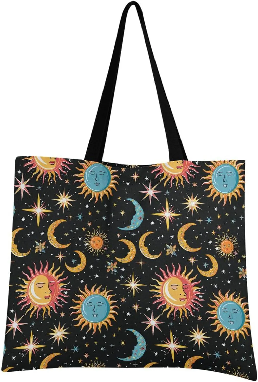 Sun & Moon & Star Starry Sky Cartoon Canvas Tote Bag Aesthetic Reusable Canvas Bags for Festival Shopping Travel