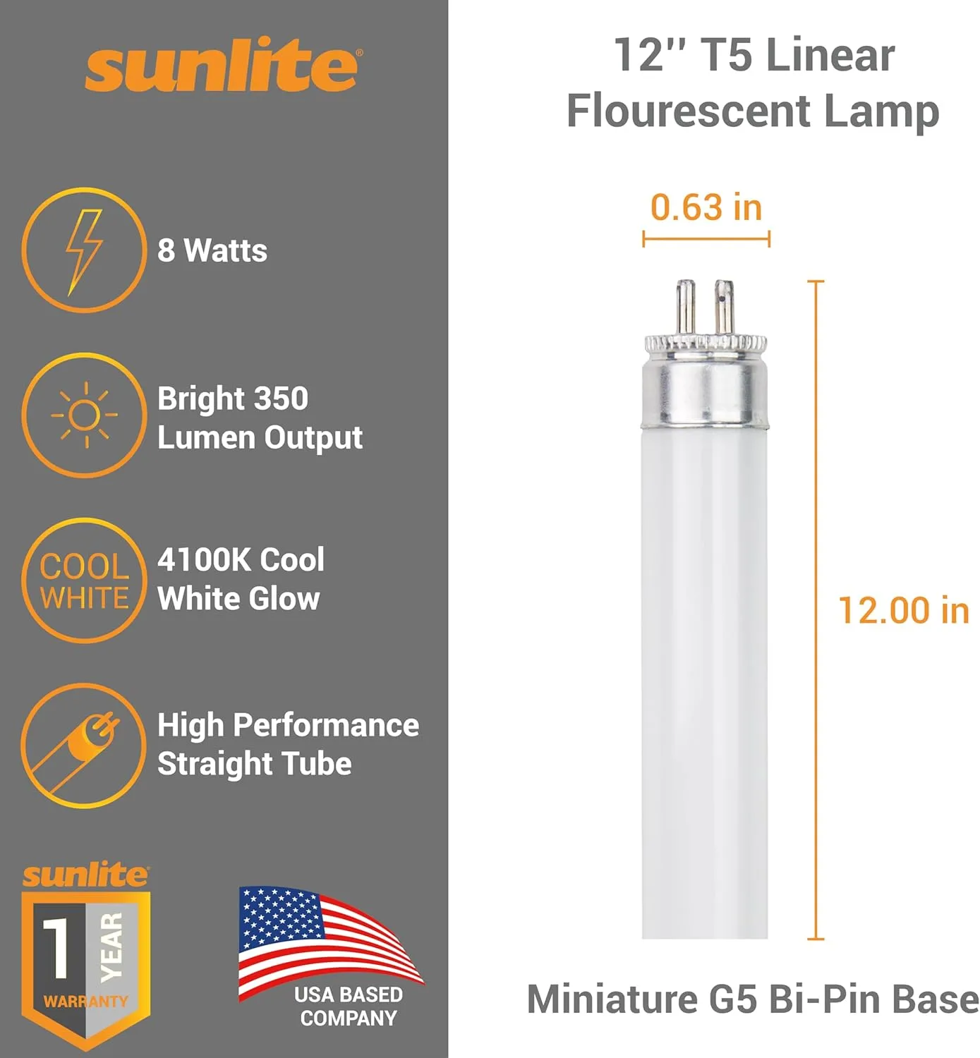 Sunlite 12-Inch F8T5/CW T5 Linear Fluorescent Lamp, 8 Watts, 350 Lumens, 4100K Cool White, Miniature G5 Bi-Pin Base, ROHS Compliant, High Performance Straight Tube, 10 Pack