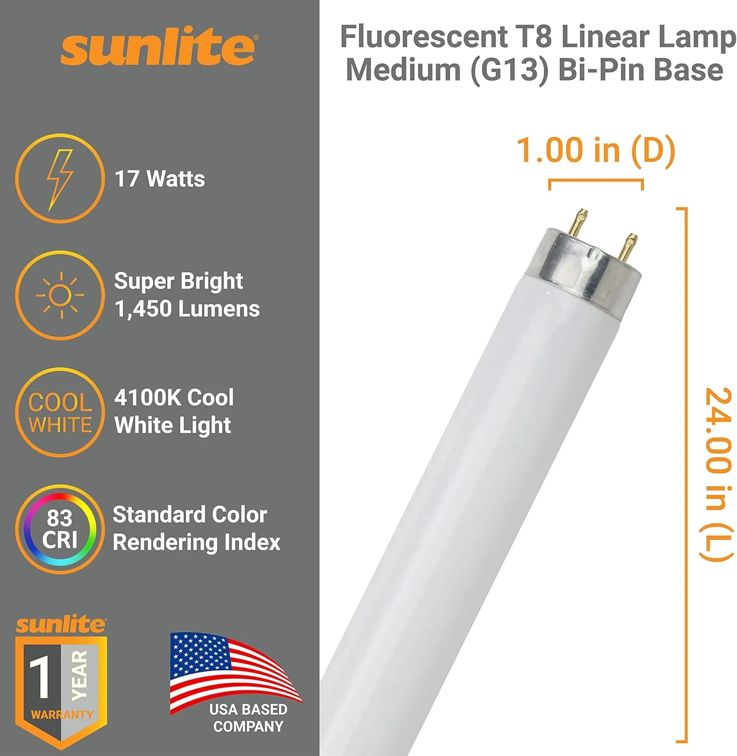 Sunlite 30125 2 Foot T8 Linear Fluorescent Lamp, 17 Watts, 1450 Lumens, F17T8/SP841, 4100K Cool White, Medium G13 Bi-Pin Base, ROHS Compliant, 30 Pack