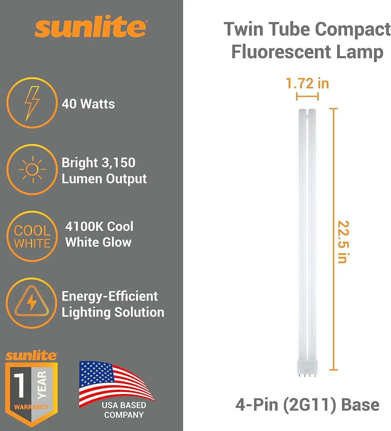 Sunlite FT40DL/841 Twin Tube Compact Fluorescent Lamp, FT 4-Pin, 40 Watts, 3150 Lumens, 4100K Cool White, 4-Pin (2G11) Base, ROHS Compliant, 10 Pack