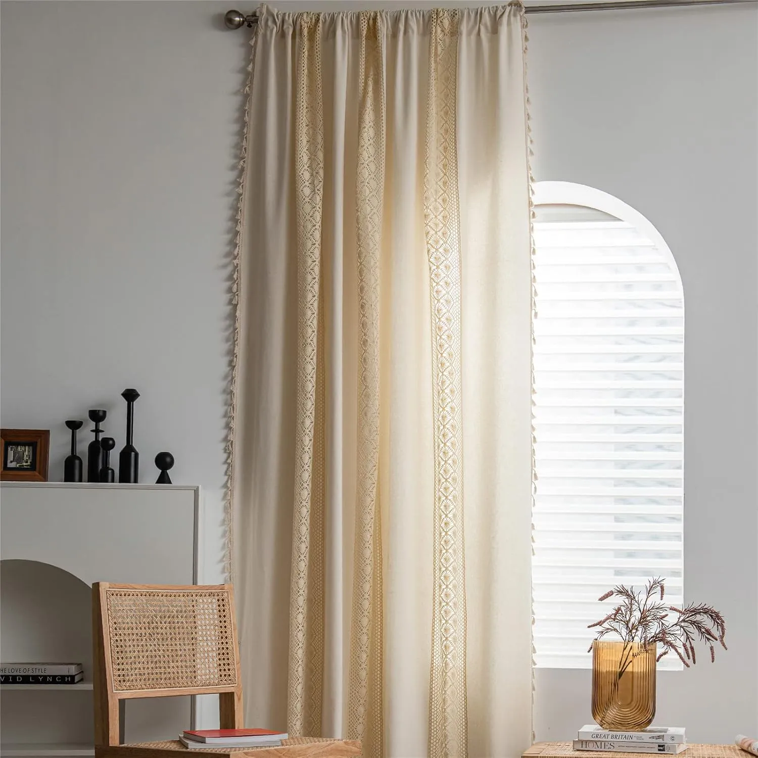 Sutuo Home Boho Curtain Crochet Dots Patchwork Semi-Blackout Bohemian Handmade Tassels, Rod Pocket Window Treatment Vintage Rustic Farmhouse Drapes for Living Bedroom, 1 Panel 59" W x 84" L, Beige