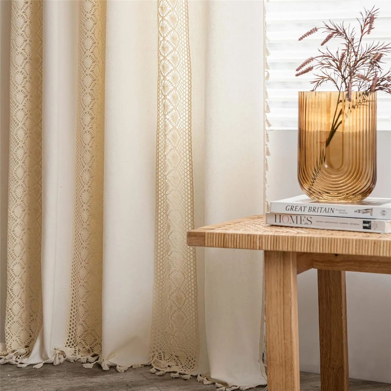 Sutuo Home Boho Curtain Crochet Dots Patchwork Semi-Blackout Bohemian Handmade Tassels, Rod Pocket Window Treatment Vintage Rustic Farmhouse Drapes for Living Bedroom, 1 Panel 59" W x 84" L, Beige