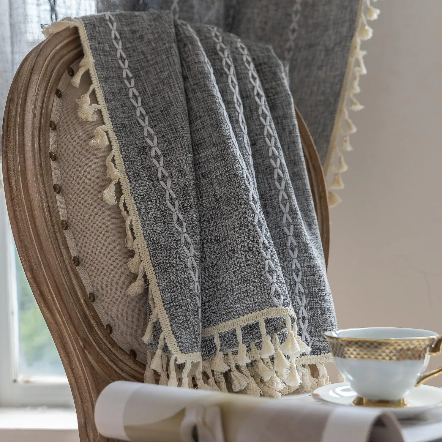 Sutuo Home Boho Curtain for Bedroom Living Room Kitchen, Semi Blackout Linen Farmhouse Shabby Chic Tassels Window Treatment Bohemian Embroidery Drape, Rod Pocket 1 Panel 52" W x 84" L, Black Grey