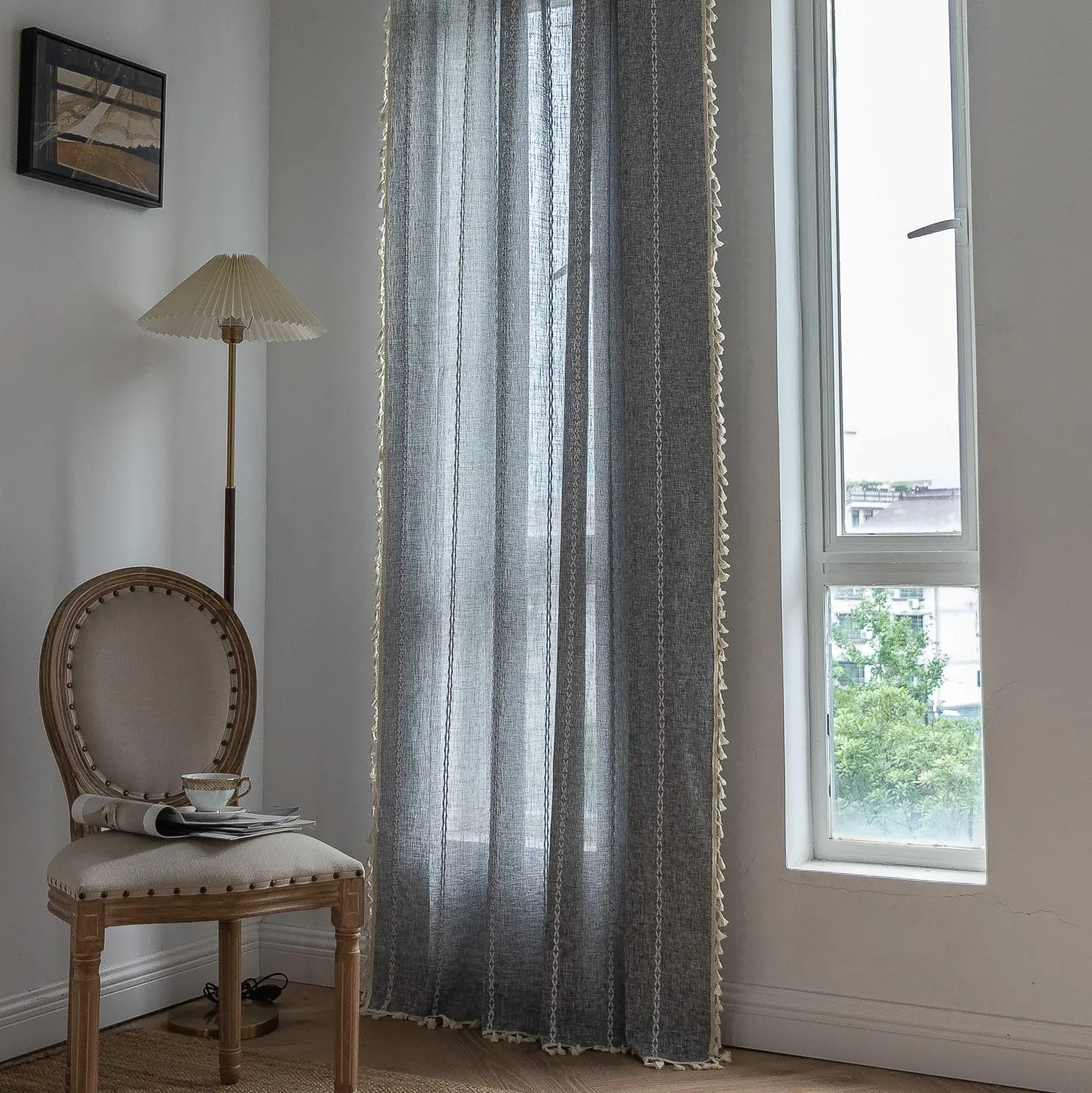 Sutuo Home Boho Curtain for Bedroom Living Room Kitchen, Semi Blackout Linen Farmhouse Shabby Chic Tassels Window Treatment Bohemian Embroidery Drape, Rod Pocket 1 Panel 52" W x 84" L, Black Grey