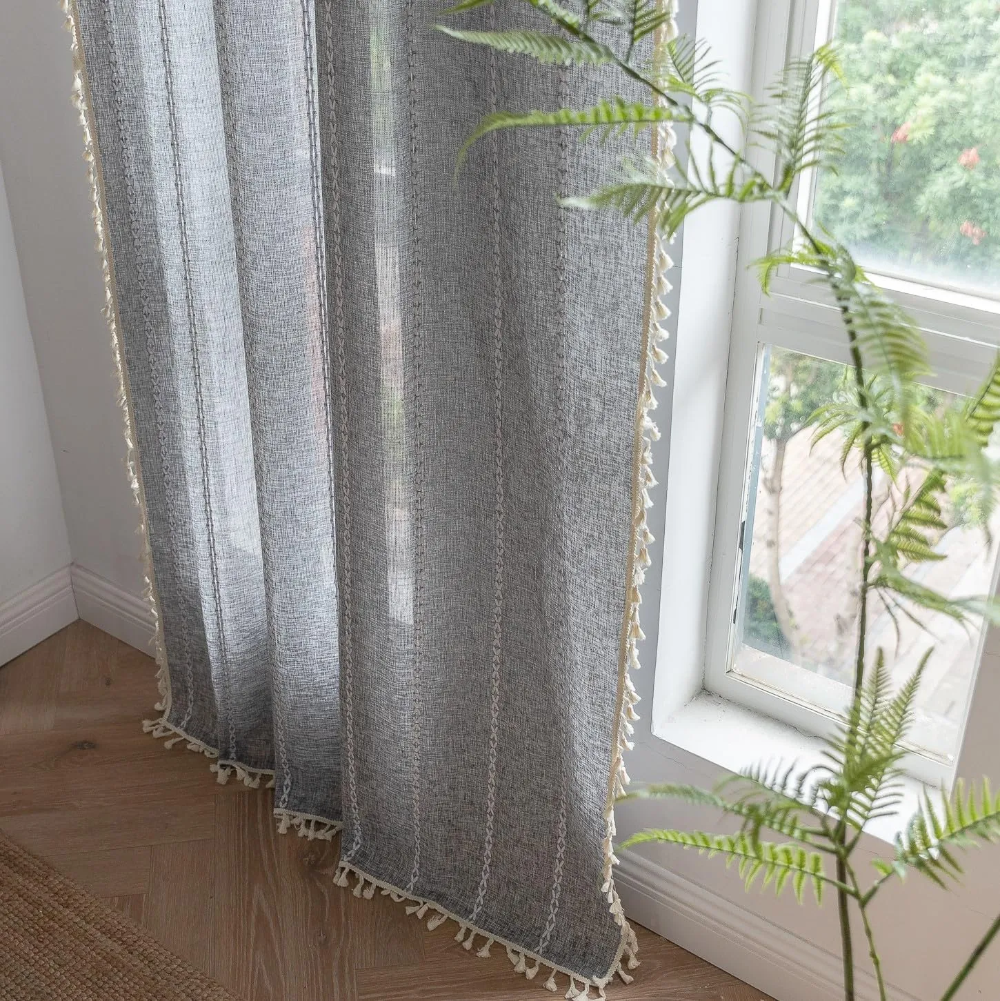 Sutuo Home Boho Curtain for Bedroom Living Room Kitchen, Semi Blackout Linen Farmhouse Shabby Chic Tassels Window Treatment Bohemian Embroidery Drape, Rod Pocket 1 Panel 52" W x 84" L, Black Grey