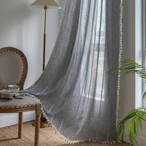 Sutuo Home Boho Curtain for Bedroom Living Room Kitchen, Semi Blackout Linen Farmhouse Shabby Chic Tassels Window Treatment Bohemian Embroidery Drape, Rod Pocket 1 Panel 52" W x 84" L, Black Grey