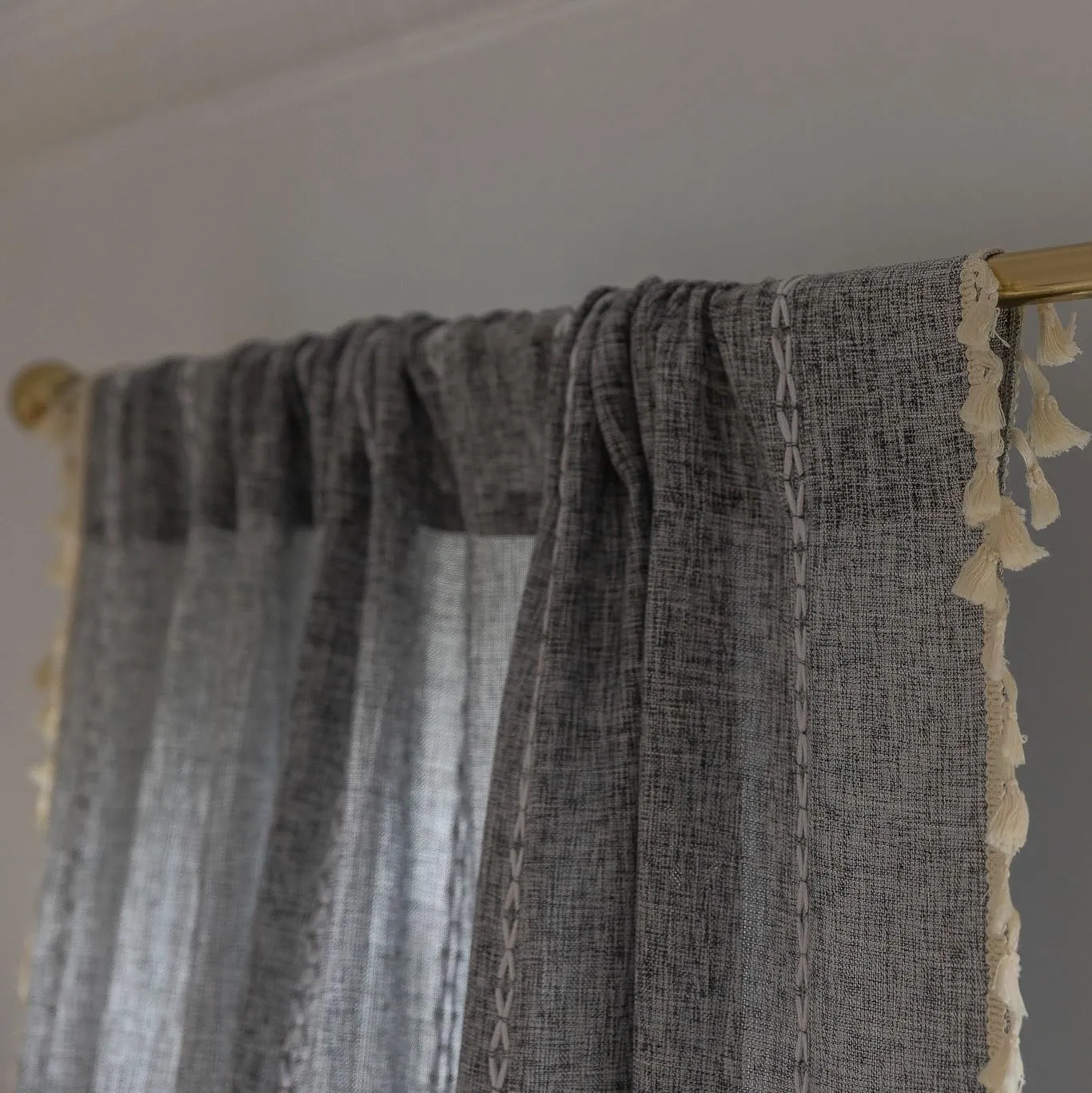 Sutuo Home Boho Curtain for Bedroom Living Room Kitchen, Semi Blackout Linen Farmhouse Shabby Chic Tassels Window Treatment Bohemian Embroidery Drape, Rod Pocket 1 Panel 52" W x 84" L, Black Grey