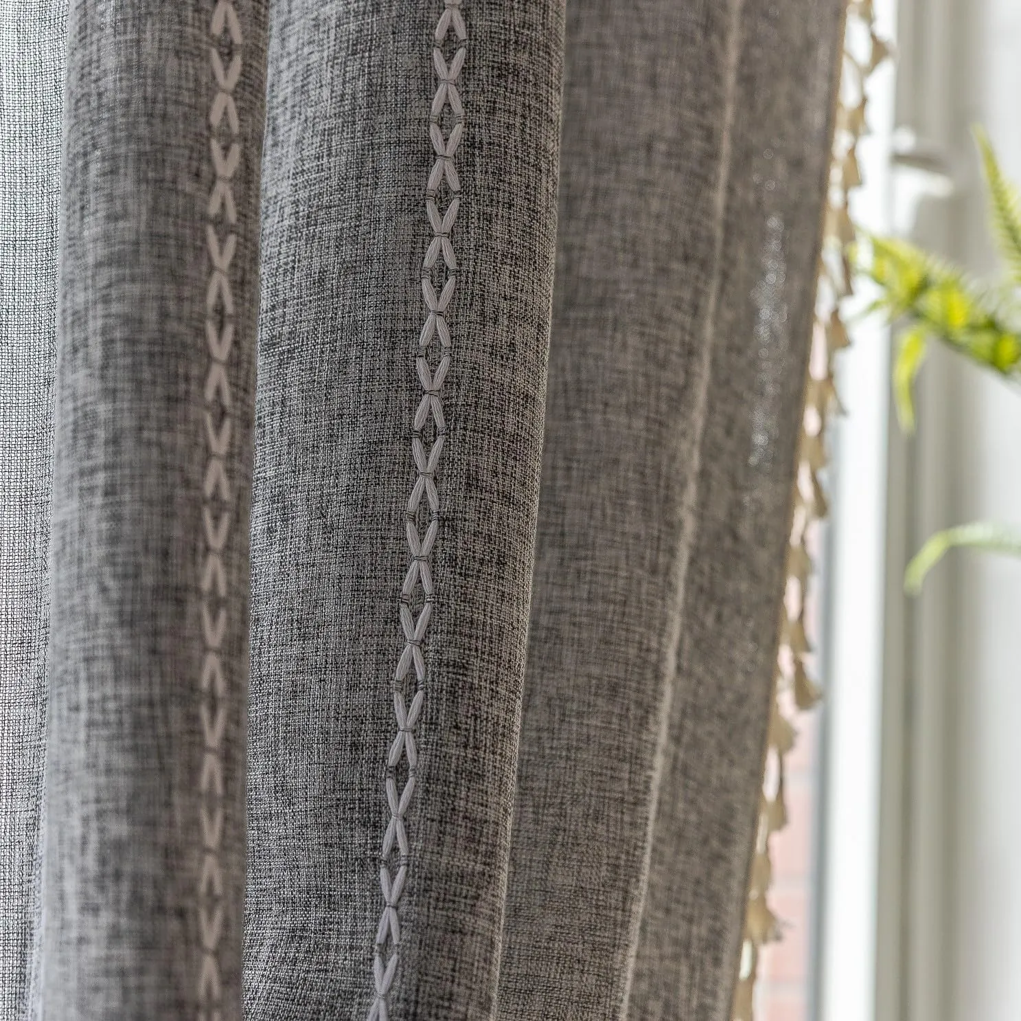 Sutuo Home Boho Curtain for Bedroom Living Room Kitchen, Semi Blackout Linen Farmhouse Shabby Chic Tassels Window Treatment Bohemian Embroidery Drape, Rod Pocket 1 Panel 52" W x 84" L, Black Grey