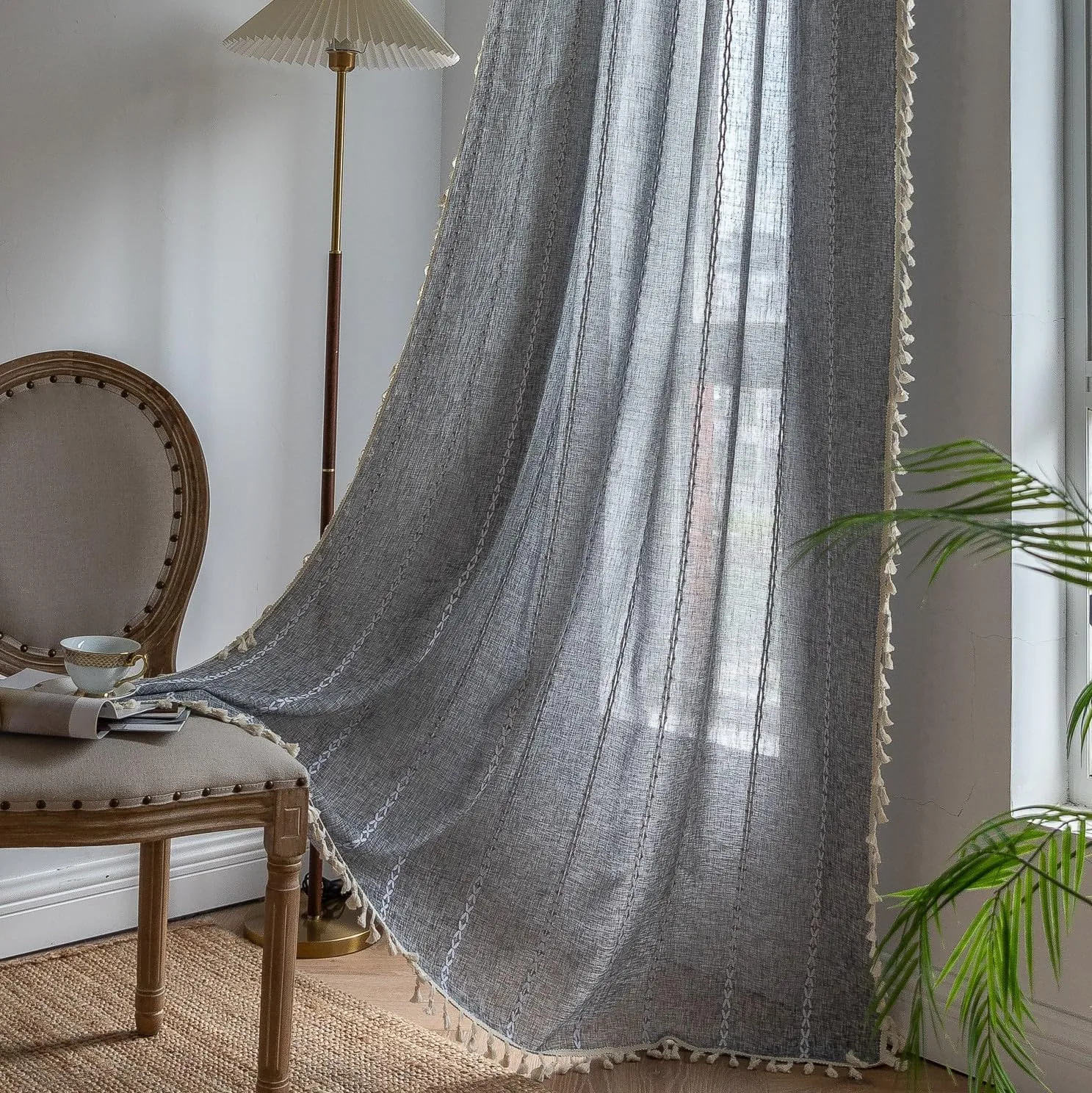 Sutuo Home Boho Curtain for Bedroom Living Room Kitchen, Semi Blackout Linen Farmhouse Shabby Chic Tassels Window Treatment Bohemian Embroidery Drape, Rod Pocket 1 Panel 52" W x 84" L, Black Grey