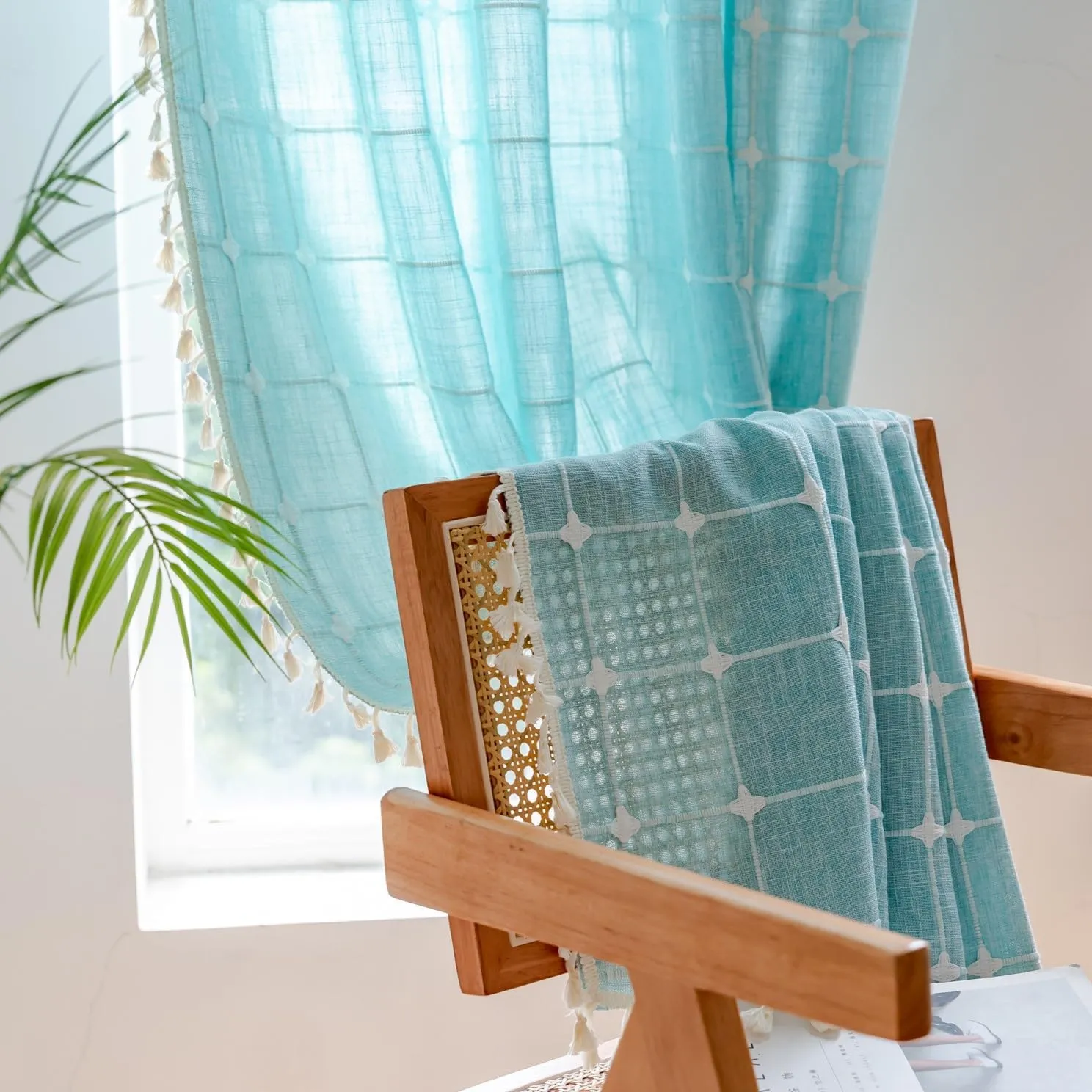 Sutuo Home Boho Curtains 72 Inches Long for Kitchen Nursery, Bohemian Embroidery Drape Light Filtering Linen Plaids Farmhouse Tassels Window Treatment,Rod Pocket 1 Panel 52" W x 72" L, Aqua Blue