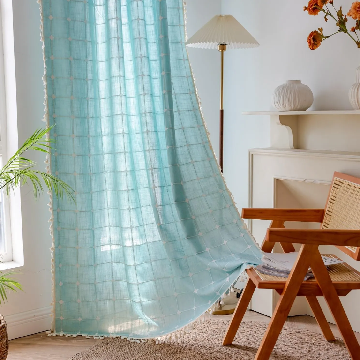 Sutuo Home Boho Curtains 72 Inches Long for Kitchen Nursery, Bohemian Embroidery Drape Light Filtering Linen Plaids Farmhouse Tassels Window Treatment,Rod Pocket 1 Panel 52" W x 72" L, Aqua Blue