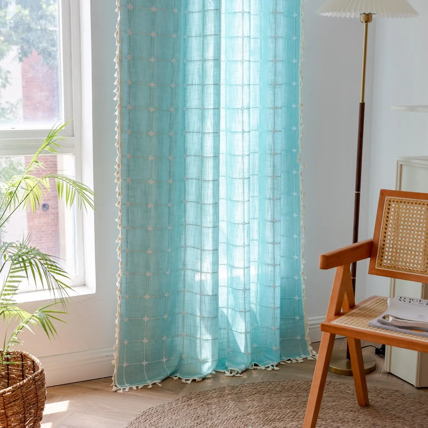 Sutuo Home Boho Curtains 72 Inches Long for Kitchen Nursery, Bohemian Embroidery Drape Light Filtering Linen Plaids Farmhouse Tassels Window Treatment,Rod Pocket 1 Panel 52" W x 72" L, Aqua Blue