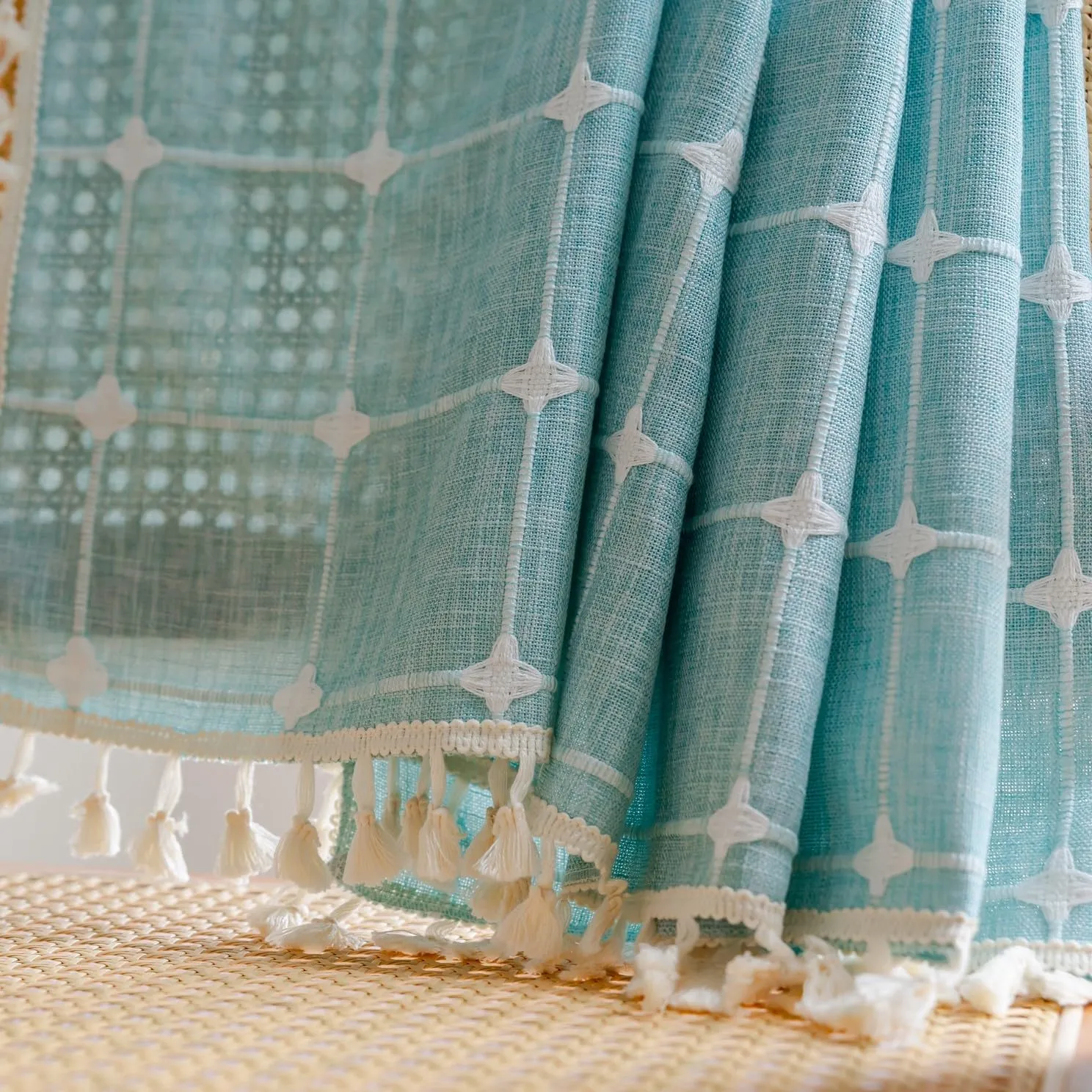 Sutuo Home Boho Curtains 72 Inches Long for Kitchen Nursery, Bohemian Embroidery Drape Light Filtering Linen Plaids Farmhouse Tassels Window Treatment,Rod Pocket 1 Panel 52" W x 72" L, Aqua Blue