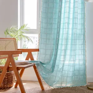 Sutuo Home Boho Curtains 72 Inches Long for Kitchen Nursery, Bohemian Embroidery Drape Light Filtering Linen Plaids Farmhouse Tassels Window Treatment,Rod Pocket 1 Panel 52" W x 72" L, Aqua Blue
