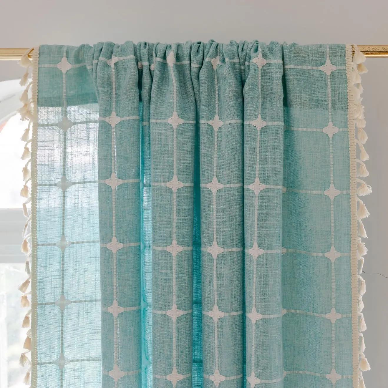 Sutuo Home Boho Curtains 72 Inches Long for Kitchen Nursery, Bohemian Embroidery Drape Light Filtering Linen Plaids Farmhouse Tassels Window Treatment,Rod Pocket 1 Panel 52" W x 72" L, Aqua Blue