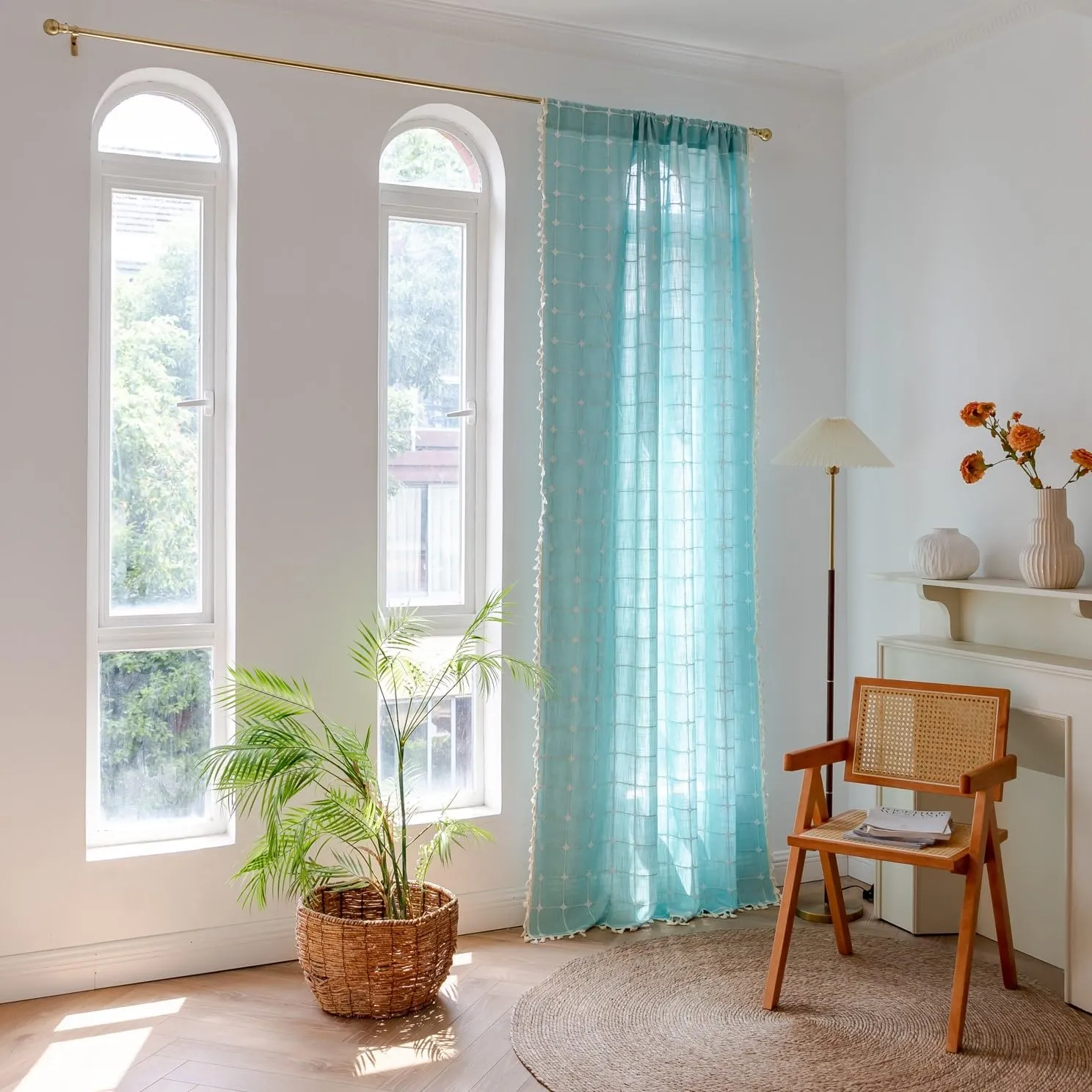 Sutuo Home Boho Curtains 72 Inches Long for Kitchen Nursery, Bohemian Embroidery Drape Light Filtering Linen Plaids Farmhouse Tassels Window Treatment,Rod Pocket 1 Panel 52" W x 72" L, Aqua Blue