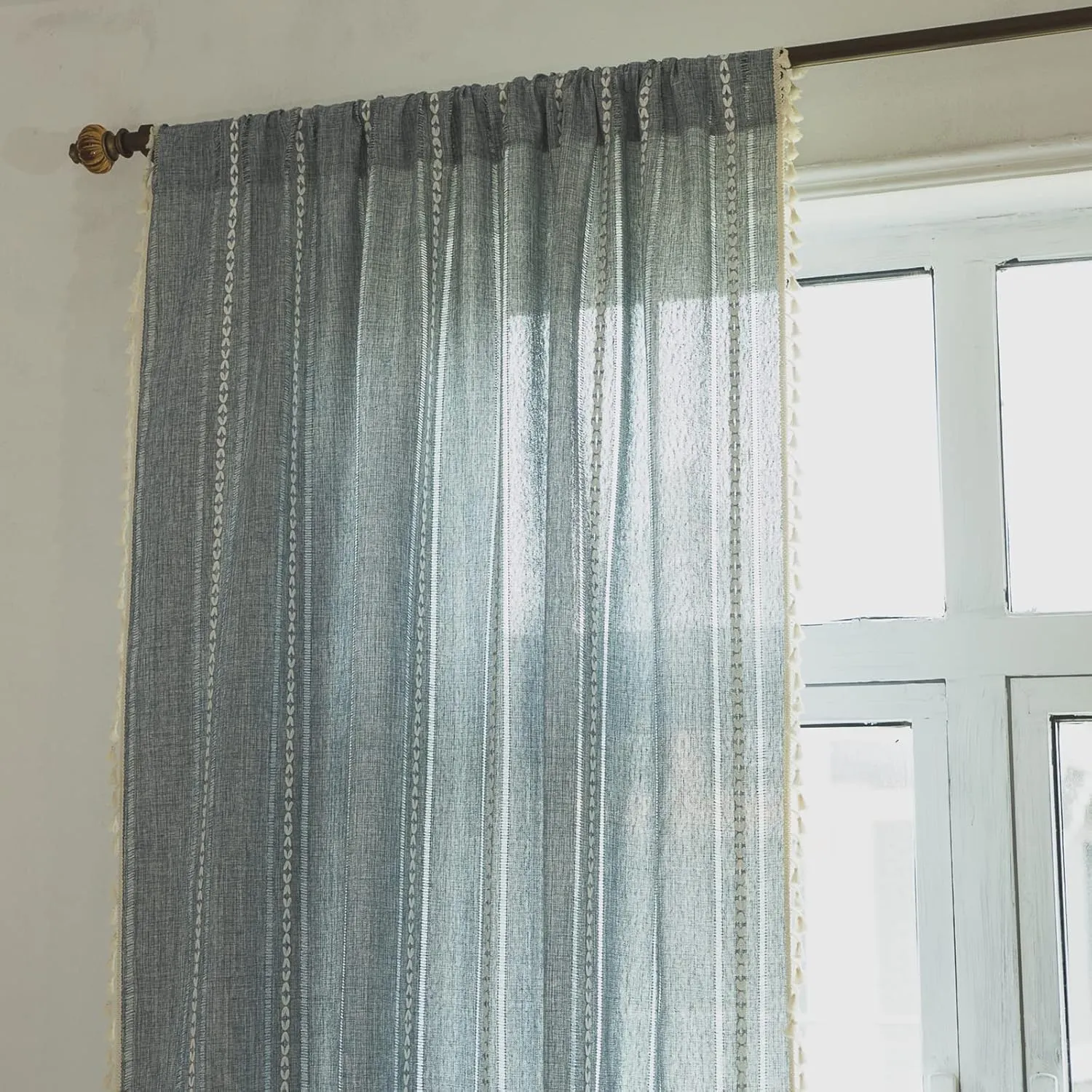 Sutuo Home Boho Curtains 84 Inches Long for Bedroom Living Room,Semi-Blackout French Country Linen Embroidery Vintage Chic Tassels Hollow Window Treatment Bohemian Drape, 1 Panel 52" W x 84" L, Blue
