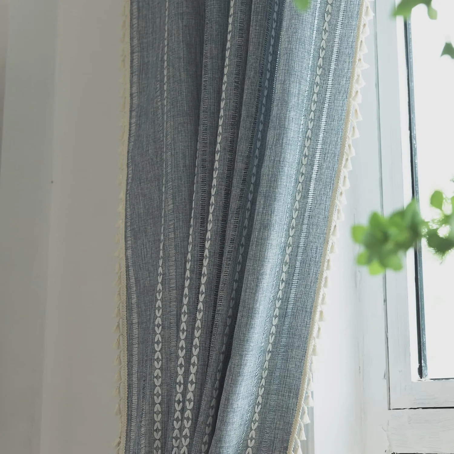 Sutuo Home Boho Curtains 84 Inches Long for Bedroom Living Room,Semi-Blackout French Country Linen Embroidery Vintage Chic Tassels Hollow Window Treatment Bohemian Drape, 1 Panel 52" W x 84" L, Blue